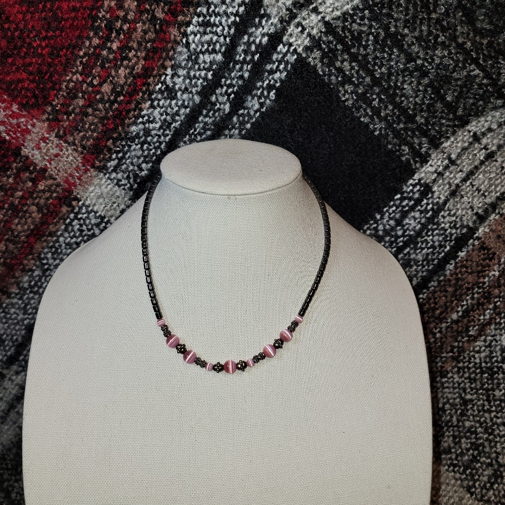 16 to 18" Hematite necklace with pink cat eye
